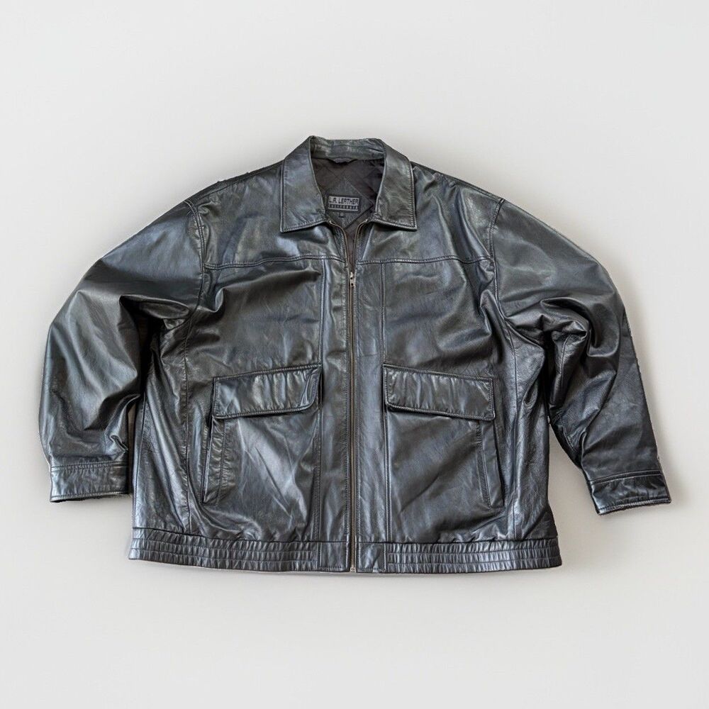 Vintage LA Leather California Men 3X Black Leather Bomber Jacket Coat 90s